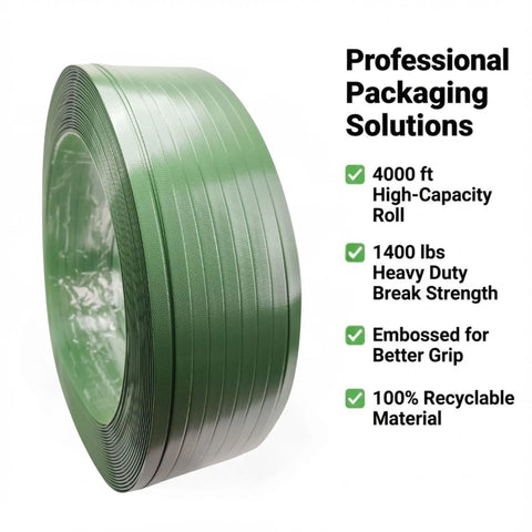 Heavy Duty Green Polyester Strapping Roll For Solid Pallet Securing 5/8 Inch Wide By 4000 Feet Long Yields 1400 Lbs Break Strength plus embossed grip
