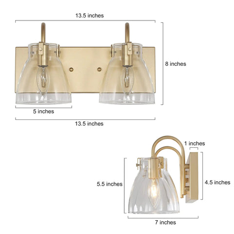Two Light Gold Vanity Light Fixture With Clear Glass Shades For Bathroom Kitchen And Hallway, Modern Bronze Backplane, 13.5 Inch Length