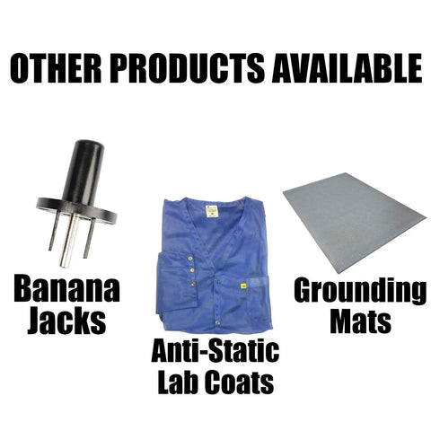 Banana jacks, anti-static lab coat, and grounding mat with text 'Other Products Available'