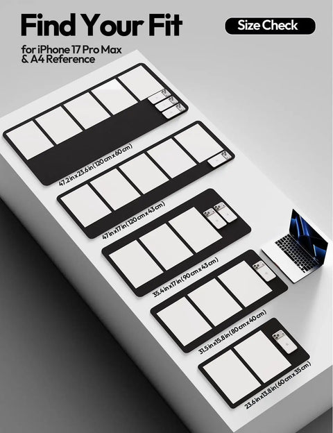 Size comparison of multiple desk pads with phone and laptop, showing dimensions alongside an iPhone 17 Pro Max.