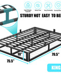 Bulletproof King Bed Frame With 10 Inch Height, Heavy Duty Steel Slats Holding Up To 3500 Lbs, showing slats and dimensions.