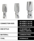 Four chrome hydraulic hose repair fittings, 1/4, 3/8, 1/2 in, 37 degree JIC female swivel ends (front view)