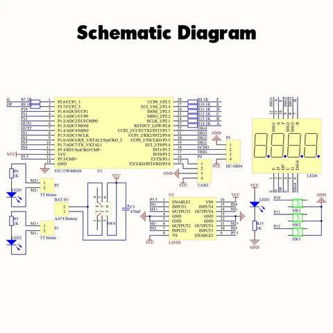 Schematic diagram for Ultrasonic Obstacle Avoiding DIY Car Kit For Teens And Newbies - Smart Robot Electronics Project