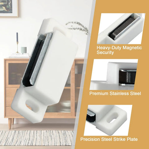 12 Pieces Cabinet Door Magnets Catch Magnetic Door Catch in white with heavy-duty security latch and steel strike plate.