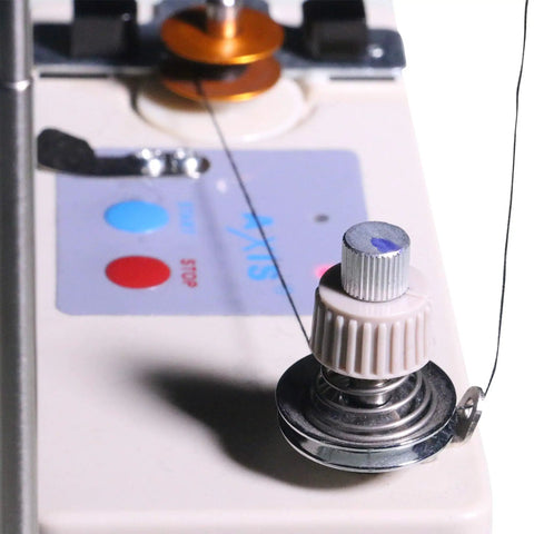 Portable Automatic Bobbin Winder for Sewing Machines on white base, close-up of spool pin and guide rod
