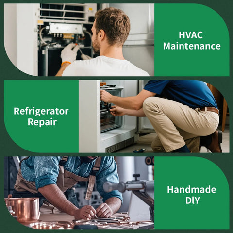 Super Stars flaring tools for 1/4–3/4 in copper pipe; collage showing HVAC maintenance, refrigerator repair, and DIY copper work.