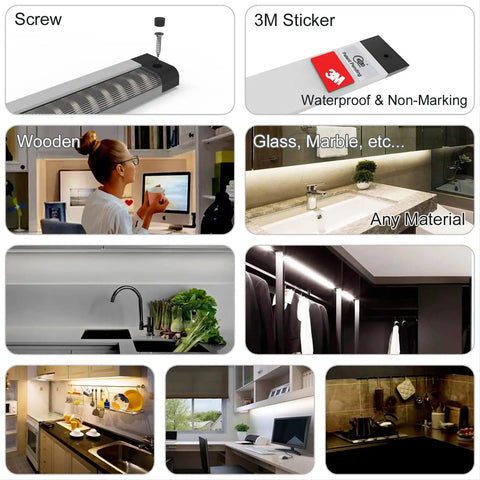 Visual guide for installing Under Cabinet LED Lighting Kit With Built In Adjustable Cable, showing 3M stickers, screws, and various materials.