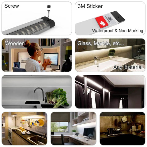 Under Cabinet LED Lighting Kit 6 Pack With Built In Adjustable Cable No Mess Wires Touch Activated Dimmable Kitchen Pantry Closet Lights 6500K Cool Daylight 2700 Lumens Total Output External Cables For Garage, showing installation and use in various settings