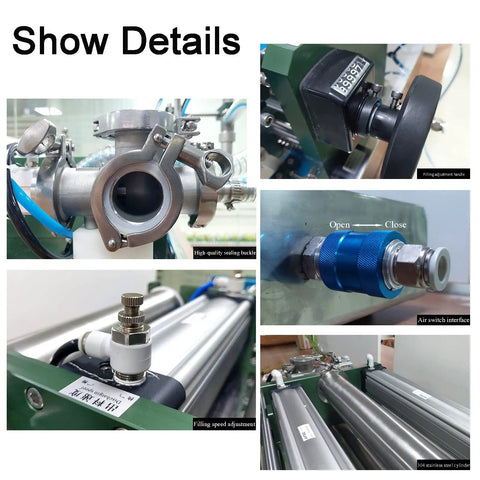 Close-up details of Semi Automatic Horizontal Pneumatic Bottle Filler Machine For Liquids Creams Cosmetics And Sauces With Zero Drip Hassle, showing parts and adjustments.
