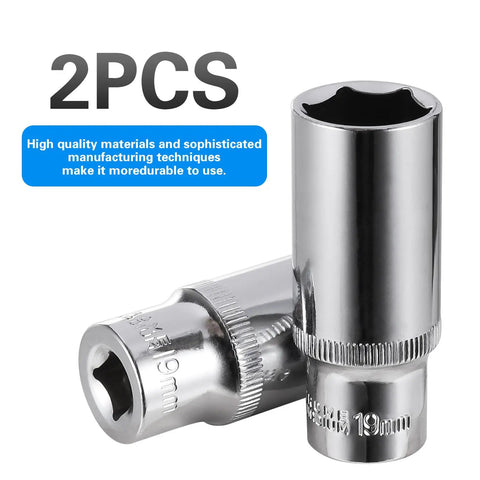 2-Piece 19mm Deep Sockets Set For Three Eighths Inch Drive 6-Point Corrosion Resistant on display