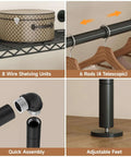 Wall Mounted Garment Rack With Four Expandable Rods And Eight Adjustable Shelves, Industrial Pipe Clothing Racks in Black Metal.