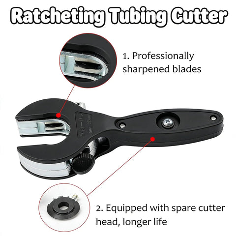 Ratcheting Pipe Cutter 2-In-1 Workhorse For PVC PPR Plastic Tubing showing sharpened blades and spare cutter head