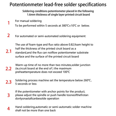 Potentiometer lead-free solder specifications guide with instructions for manual and automated soldering processes.