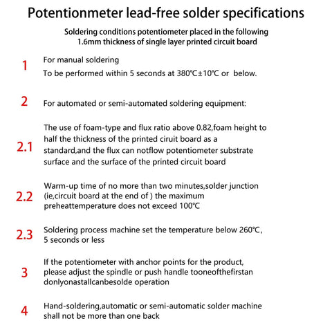 Text image showing lead-free solder specifications for potentiometers on printed circuit boards with steps and conditions.
