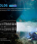 Beast-Mode 15000 Lumen Scuba Dive Light with Type-C illuminating underwater, showing 100 degree beam angle, scuba diver exploring