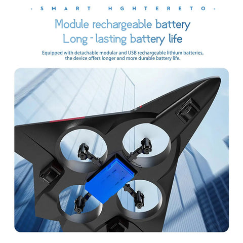 2.4G RC Plane With Barometric Altitude Hold showing modular rechargeable battery, black and blue design, city background