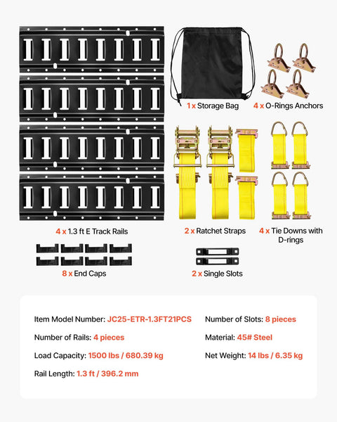 E Track Tie Down Kit with Four Rails and Twenty One Accessories for Garages and Trailers Includes Two Ratchet Straps