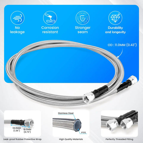 Beefed Up Heavy Duty Stainless Braided Transmission Cooler Line Kit 70 Inch 6AN shown with leak-proof and corrosion-resistant design.