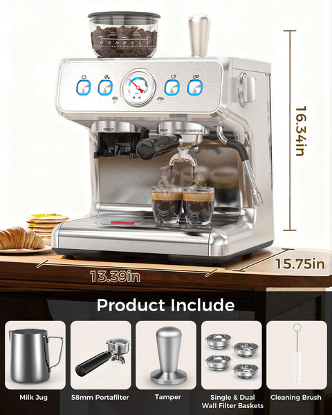 20 Bar Espresso Machine With Built In Grinder And Milk Frother Steam Wand, 58mm Portafilter Stainless Steel Coffee Maker