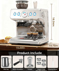 Game Changing 20 Bar Espresso Coffee Maker With Integrated Conical Burr Grinder And Automatic Milk Frother showing controls and coffee brewing.