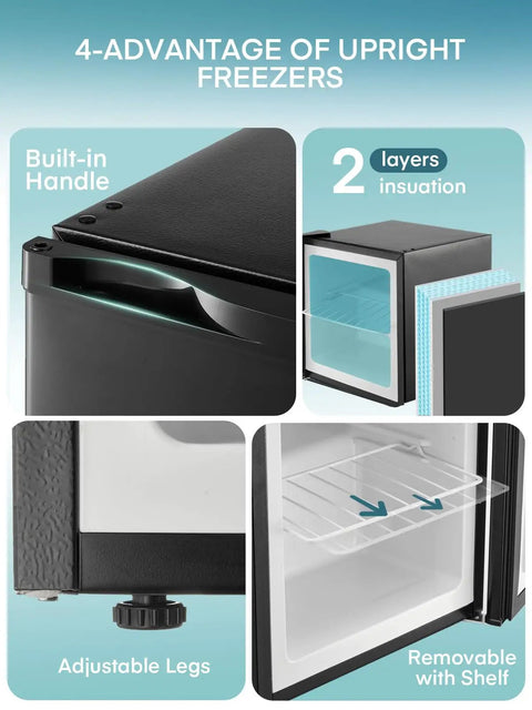 One Point One Cubic Foot Compact Countertop Mini Freezer Built For Tiny Dorm Kitchens Home Offices And Campers Hella Easy Plug And Play showing built-in handle, adjustable legs, insulation, and removable shelf.