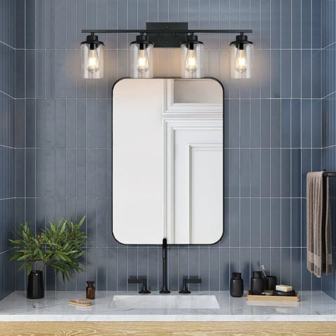 Bathroom with Dope Four Light Matte Black Vanity Lights Over Mirror Farmhouse Style Wall Sconces and clear glass shades