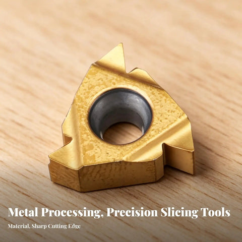 Pro Grade Lathe Threading Tool Holder Set SER1212H16 With Carbide Inserts And Wrench Rectangular Shank Secure Mount Alloy Steel Body Includes 10 Gold Triangular Inserts 13 Mm For Quick Threading And Recutting On CNC And Metalworking Projects gold carbide threading insert on wood surface