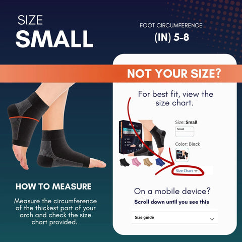 Heavy Duty 20 To 30 MmHg Ankle Brace And Compression Socks For Men And Women, size small guide and measurement instructions.
