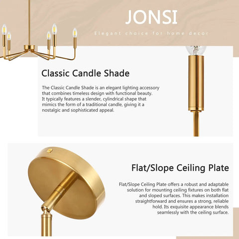 Close-up of six light modern brushed brass chandelier detail with classic candle shade and flat slope ceiling plate.