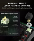 Kailh Hall Effect Lemon Magnetic Switch with specs, showcasing durability for the Ridiculously Snappy 68 Key Mechanical Gaming Keyboard.