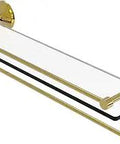 Polished Brass Gallery Glass Shelf With No Fuss Towel Bar 22 Inch Long Tempered Glass Shelf 5 Inch Depth Concealed Screw Mount Solid Brass Hardware With Lifetime Finish Made In USA, angled view