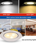 3W Recessed LED Downlight, Aluminum, 8.5cm, White Light, Frosted Silver showcasing white and warm light options in various room settings.