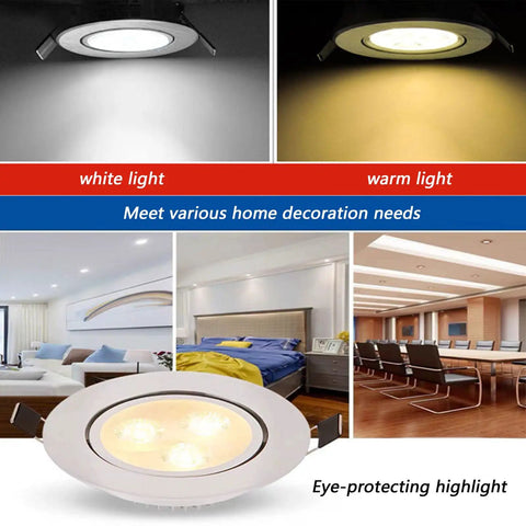 3W Recessed LED Downlight, Aluminum, 8.5cm, White Light, Frosted Silver showcasing white and warm light options in various room settings.