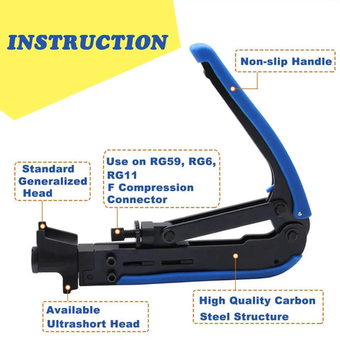 Coaxial Cable Crimper Kit with 20 F Compression Connectors for RG6 RG59 RG11, shown with non-slip handle and steel structure.