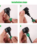 Installation steps for Garden Hose Adapter 3/4 To 1/4 Inch Drip Irrigation Tubing Connectors showing assembly and connection process.