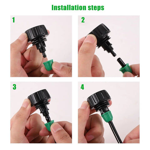 Installation steps for Garden Hose Adapter 3/4 To 1/4 Inch Drip Irrigation Tubing Connectors showing assembly and connection process.
