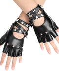 Womens Dope Edgy Punk Fingerless Leather Gloves Featuring Chill Ride Ready PU Half Finger Design With Grippy Wrist Wrap For Motoring Night Rides And Casual Hangout Wear, black with studded straps.