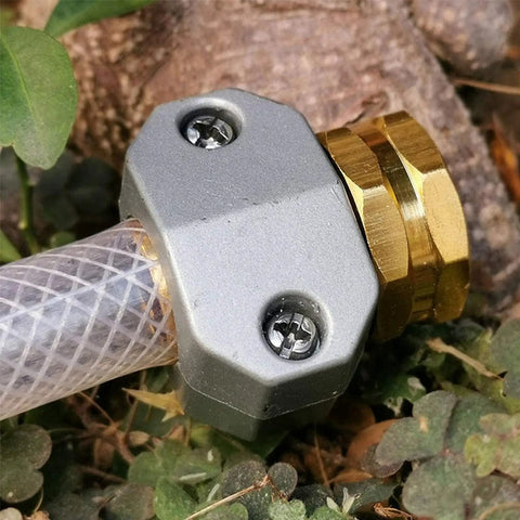 Heavy Duty Garden Hose Repair Kit With Solid Aluminum Alloy Connector Fitting 3 Sets That Stop Leaks And Save Your Plants Plus Easy No Tools Install For Fast Maintenance Anytime, close-up on hose splice