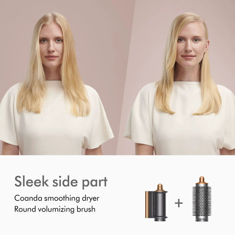 Two images of a woman before and after using Airwrap Origin Multi Styler With No Heat Damage, showcasing sleek side part, Coanda smoothing, and round brush.