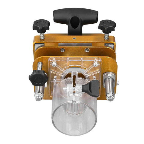 Real Deal 2 In 1 Mortising Jig For Wood Router Makes Cutting Slots And Tenons An Actual Breeze With Sturdy Adjustable Stainless Steel Guide. Top view of adjustable jig with transparent guide and knobs.