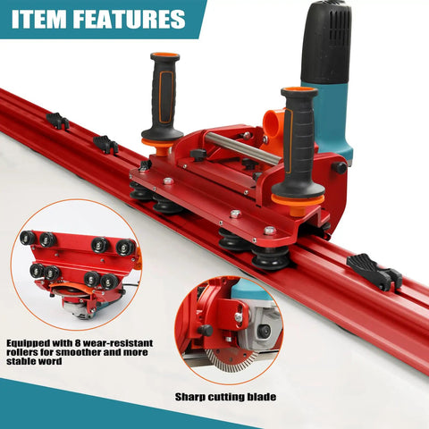 Electric Orbital Angle Grinder Tile Cutter For Large Ceramic Porcelain Tiles Up To 124 Inches With Pro Grade Precision And A Smooth Cut Every Time Ideal For Contractors And DIY Pros, red metal rail and 8 rollers