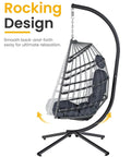 Comfy Hanging Egg Chair With Stand For Indoor Outdoor Use Wicker Patio Swing Chair With Cushions And Headrest Supports Up To 350 Pounds Cozy Ergonomic Back Support For Bedroom Garden Porch Dark Grey, side view showcasing rocking design.