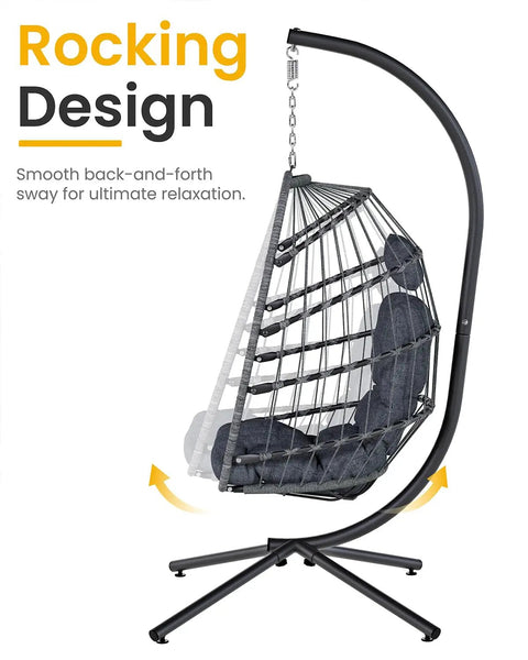 Comfy Hanging Egg Chair With Stand For Indoor Outdoor Use Wicker Patio Swing Chair With Cushions And Headrest Supports Up To 350 Pounds Cozy Ergonomic Back Support For Bedroom Garden Porch Dark Grey, side view showcasing rocking design.