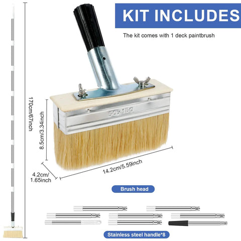 Long Handle Deck Stain Brush with 67 Inch Stainless Steel Extension Pole, boar-bristle head, and stainless handle sections displayed