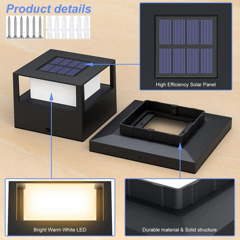 Six Pack Solar Post Lights For Wooden Posts And Fences, No Fuss 20 Lumen Warm White LED, showing solar panel and LED details