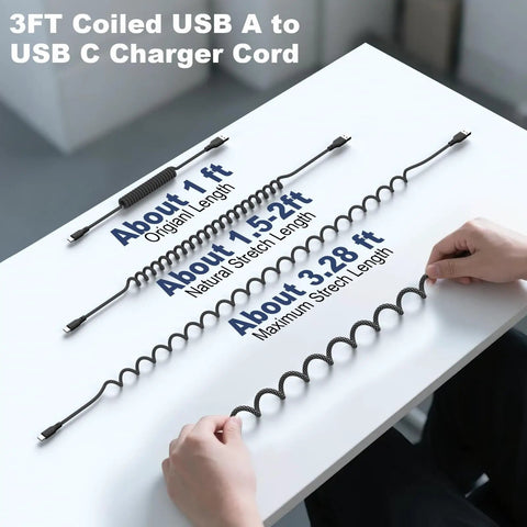 Retractable Braided USB A To USB C Car Charger Cables showing lengths 1ft to 3.28ft on table