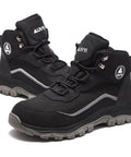 Steel Toe Work Boots For Men With Wide Toe Fit Breathable Fly Knit Mesh And Leather Upper Slip Resistant Durable Industrial And Construction Safety Shoes Built For Long Shifts On Tough Jobs, black, side view