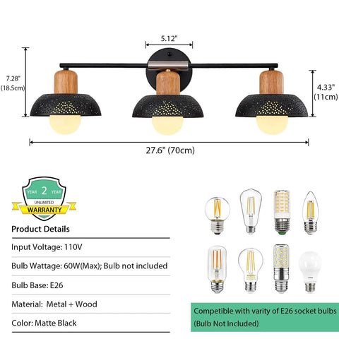 Industrial Three Light Bathroom Vanity Light With Wood Accent And Perforated Pattern Metal Shade, Wall Mount, E26 Base, Matte Black Finish, Dope Modern Farmhouse Vibe For Powder Room Or Hallway