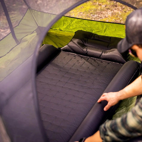 Self Inflating Sleeping Pad With Pillow And Arm Rest For Camping Waterproof Foldable Lightweight Air Mattress With Memory Foam Core And R Value 5.2 For Hiking And Backpacking inside a tent