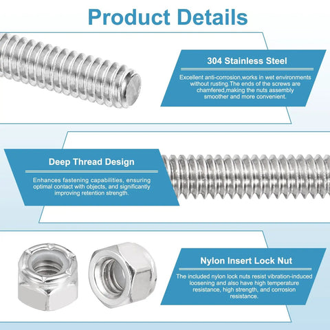 Six Pack 5/16-18 UNC Fully Threaded Stainless Steel Rods 100mm Long Right Hand Threads Include Twelve Nylon Insert Lock Nuts